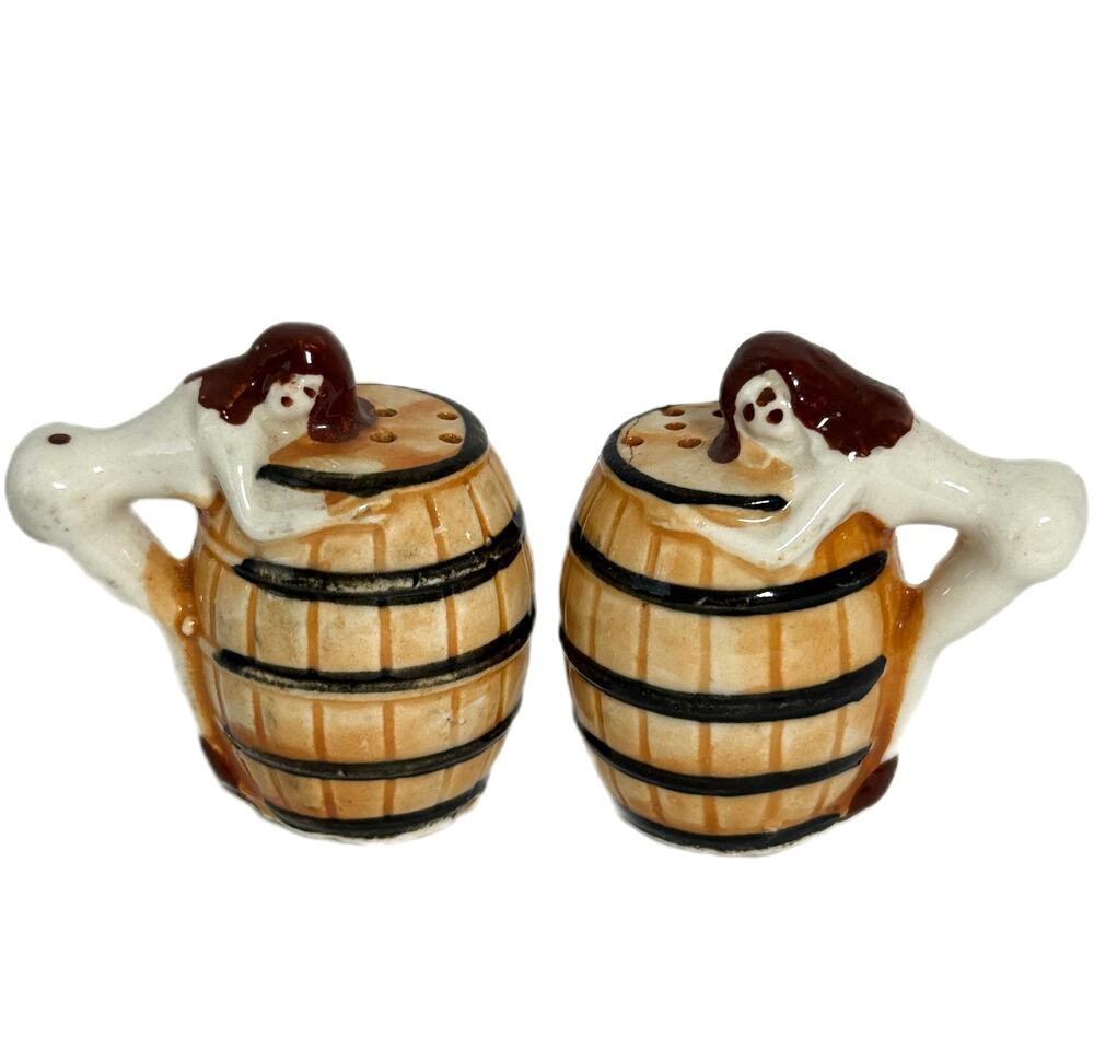 Vintage 1950's Bottoms Up Ceramic Salt Pepper Shakers Nude Lady over Barrel